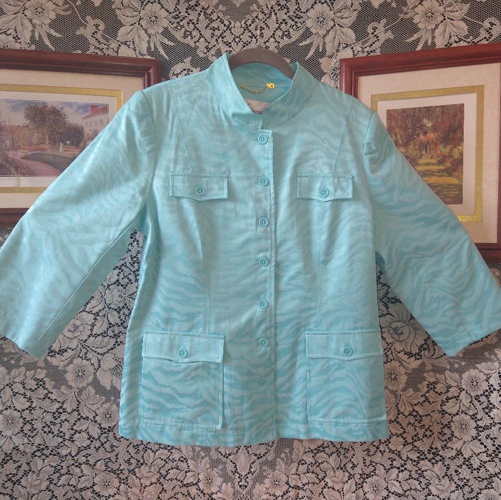 Louis Dell Olio baby blue jacquard animal stripe button jacket cell phone pocket